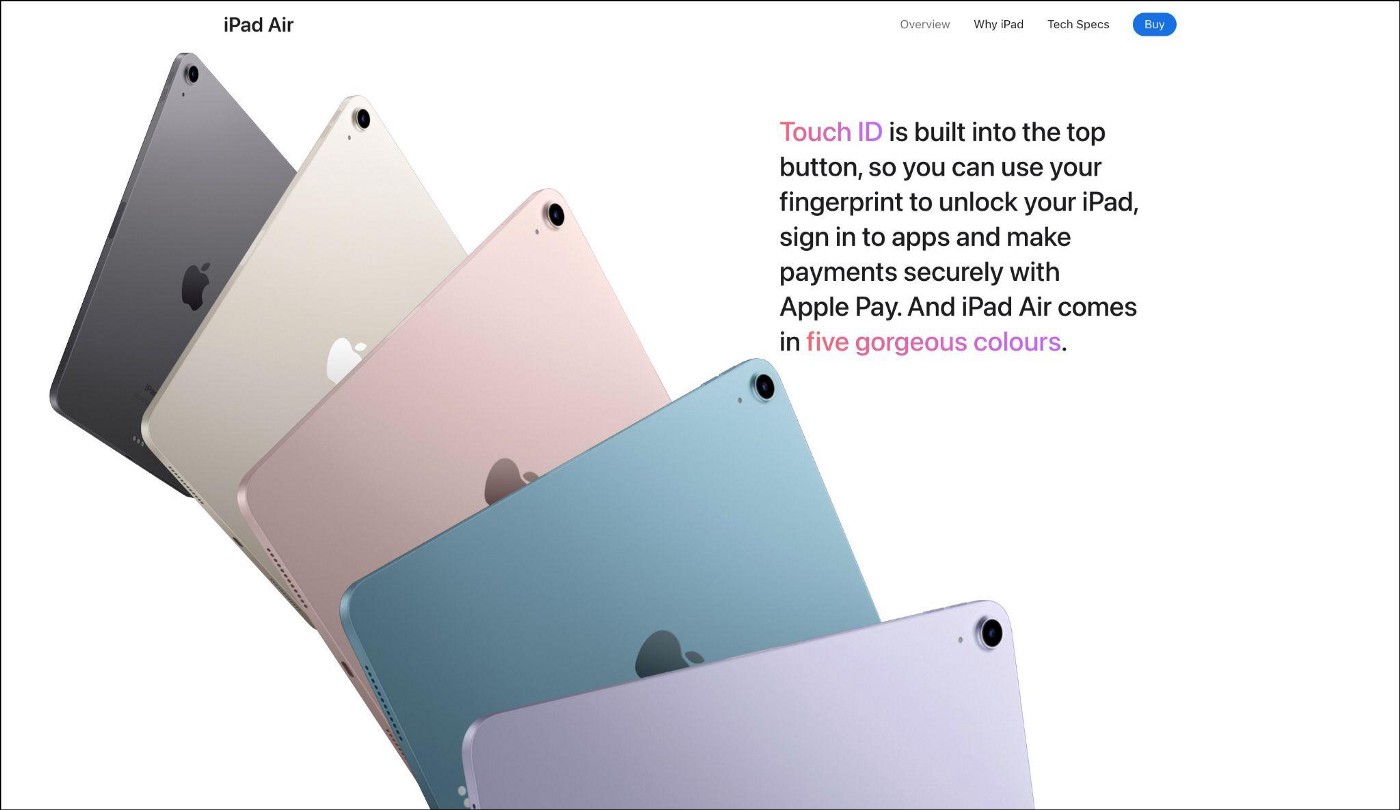 引导线示例，Apple 网站上的 Apple iPad 页面。