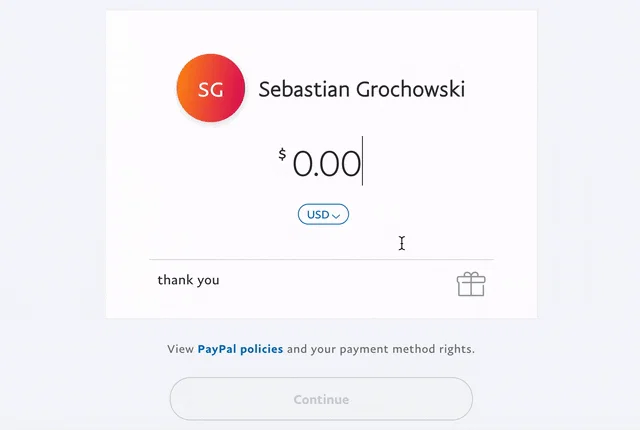 通过 Paypal 向朋友付款的输入余额交互。
